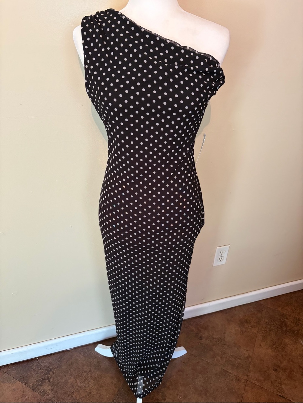 One-Shoulder Black & White Polka Dot Maxi Dress
